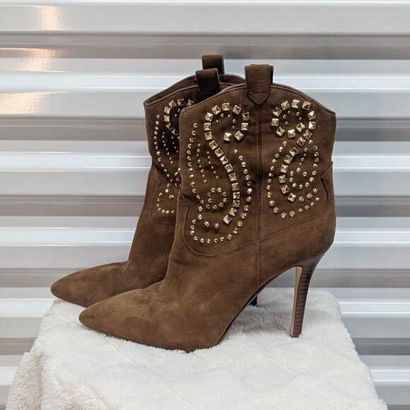 Michael Michael Kors Size 8 Cognac Brown & Gold Studded Ankle Boots (SB1) - Picture 1 of 8